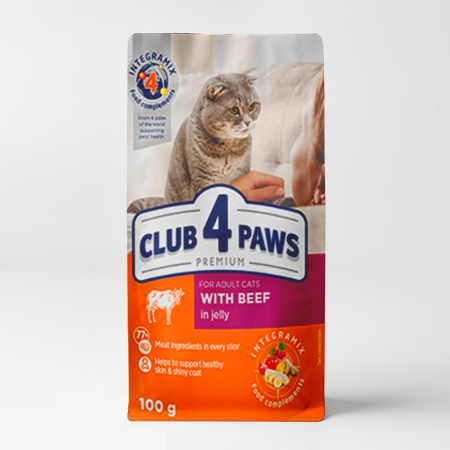 club 4 paws wet food with beef in jelly for adult cats 100gr