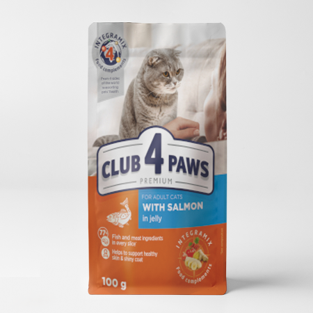 club 4 paws wet food  with salmon in jelly for adult cats 100gr