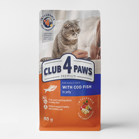 club 4 paws wet food with cod fish in jelly for adult cats 80gr